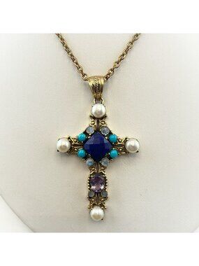 Nicky Butler Necklace Cross Lapis Lazuli Pearl Turquoise Bronze Religious Gem